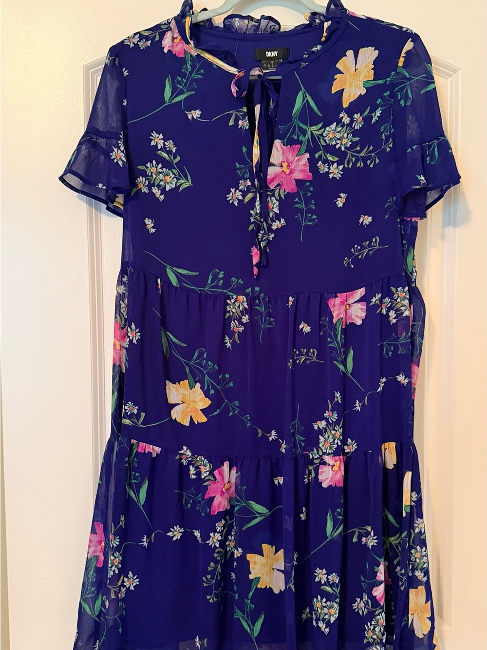 DKNY Vibrant Royal Blue Floral Tie-Neck Dress
